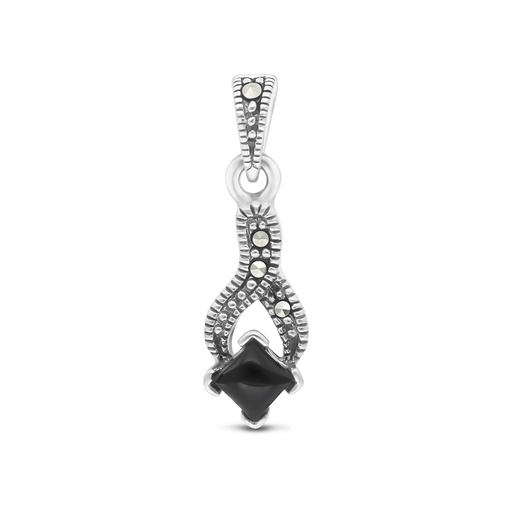 [PND04MAR00ONXA422] Sterling Silver 925 Pendant Embedded With Natural Black Agate And Marcasite Stones