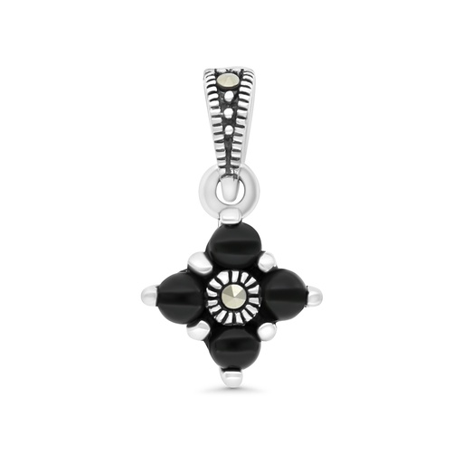 [PND04MAR00ONXA560] Sterling Silver 925 Pendant Embedded With Natural Black Agate And Marcasite Stones