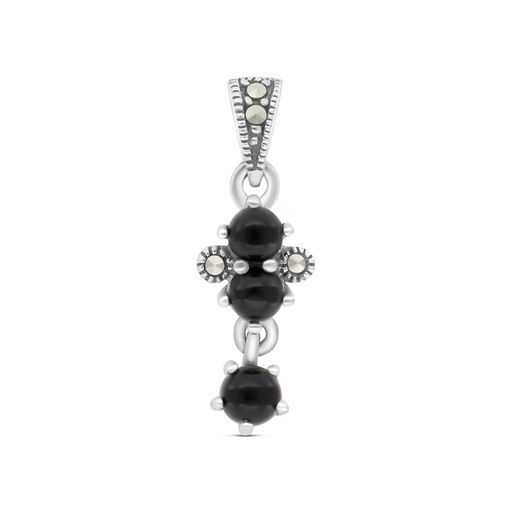 [PND04MAR00ONXA563] Sterling Silver 925 Pendant Embedded With Natural Black Agate And Marcasite Stones