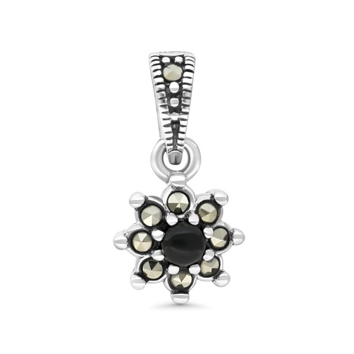 [PND04MAR00ONXA567] Sterling Silver 925 Pendant Embedded With Natural Black Agate And Marcasite Stones
