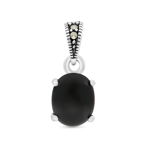 [PND04MAR00ONXA499] Sterling Silver 925 Pendant Embedded With Natural Black Agate And Marcasite Stones