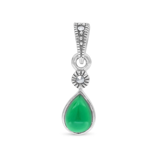 [PND04MAR00GAGA425] Sterling Silver 925 Pendant Embedded With Natural Green Agate And Marcasite Stones