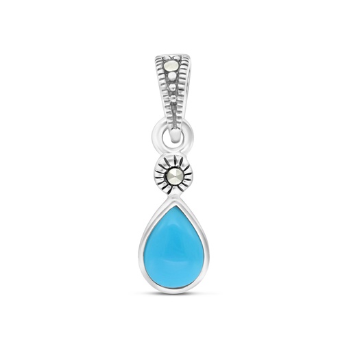 [PND04MAR00TRQA425] Sterling Silver 925 Pendant Embedded With Natural Processed Turquoise And Marcasite Stones