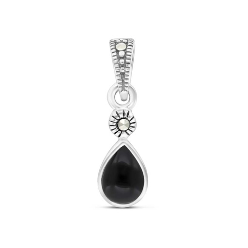 [PND04MAR00ONXA425] Sterling Silver 925 Pendant Embedded With Natural Black Agate And Marcasite Stones