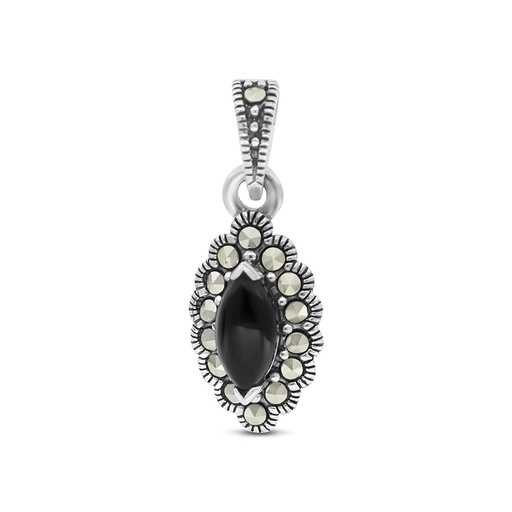 [PND04MAR00ONXA570] Sterling Silver 925 Pendant Embedded With Natural Black Agate And Marcasite Stones