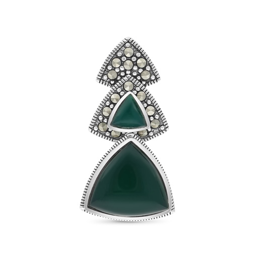 [PND04MAR00GAGA436] Sterling Silver 925 Pendant Embedded With Natural Green Agate And Marcasite Stones