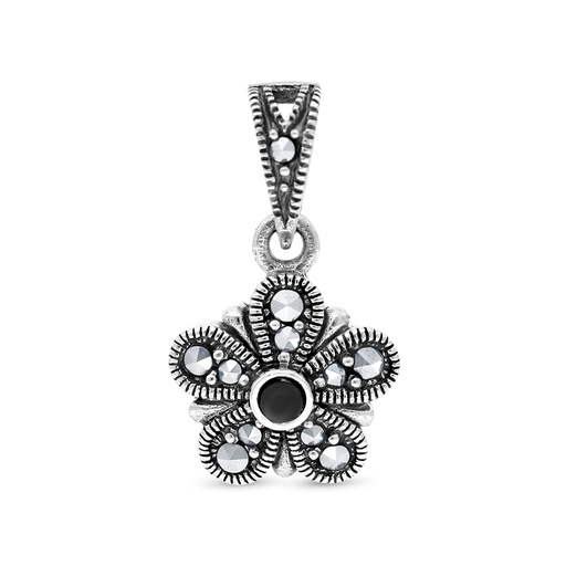 [PND04MAR00ONXA571] Sterling Silver 925 Pendant Embedded With Natural Black Agate And Marcasite Stones