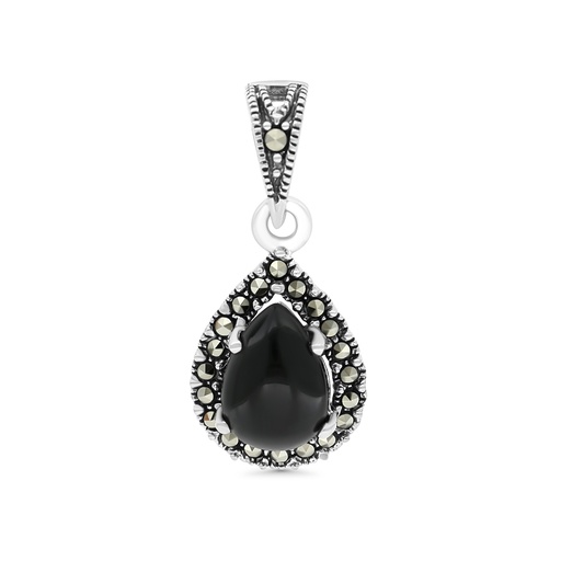 [PND04MAR00ONXA440] Sterling Silver 925 Pendant Embedded With Natural Black Agate And Marcasite Stones