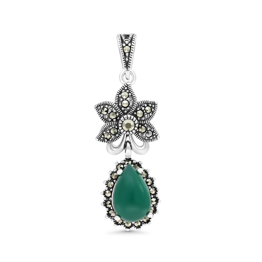 [PND04MAR00GAGA447] Sterling Silver 925 Pendant Embedded With Natural Green Agate And Marcasite Stones