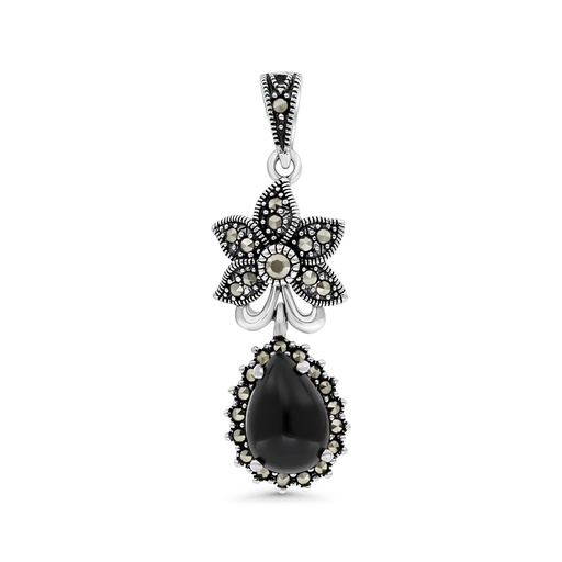 [PND04MAR00ONXA447] Sterling Silver 925 Pendant Embedded With Natural Black Agate And Marcasite Stones