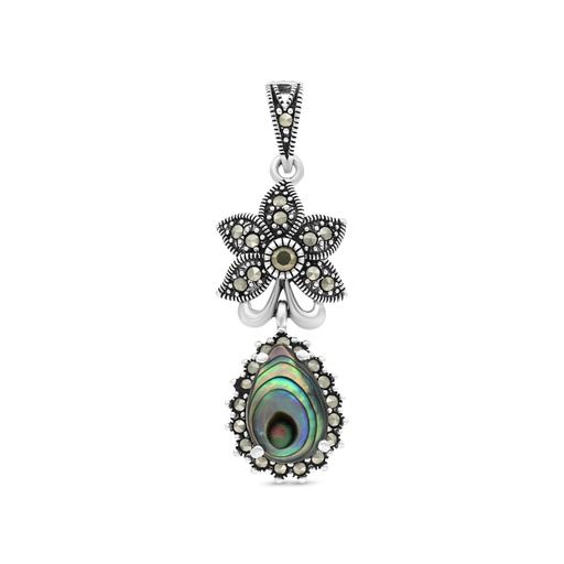 [PND04MAR00ABAA447] Sterling Silver 925 Pendant Embedded With Natural Blue Shell And Marcasite Stones