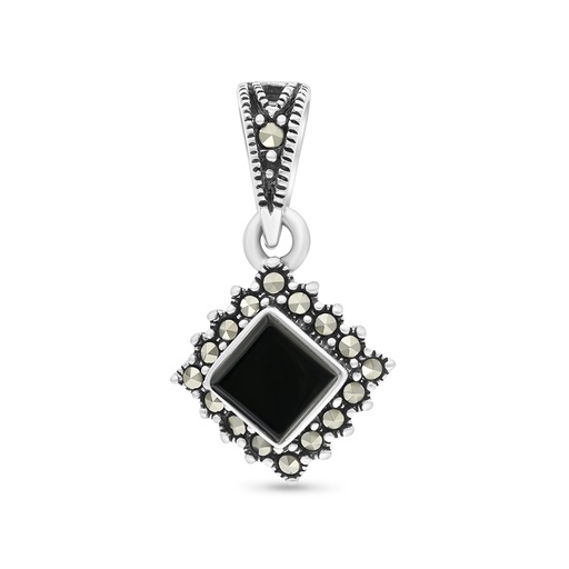 [PND04MAR00ONXA449] Sterling Silver 925 Pendant Embedded With Natural Black Agate And Marcasite Stones