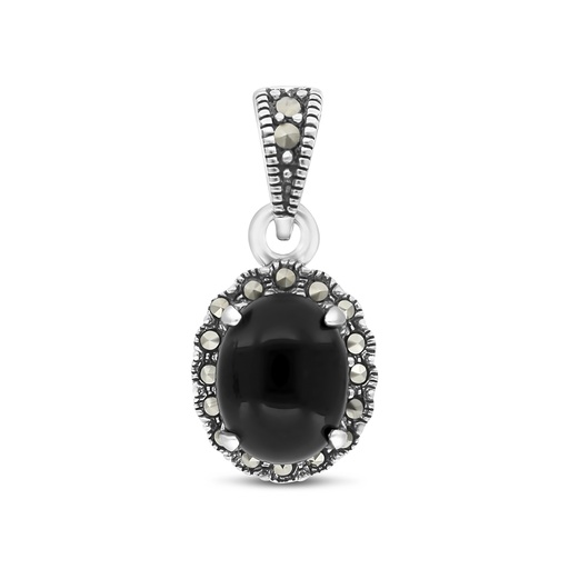 [PND04MAR00ONXA572] Sterling Silver 925 Pendant Embedded With Natural Black Agate And Marcasite Stones