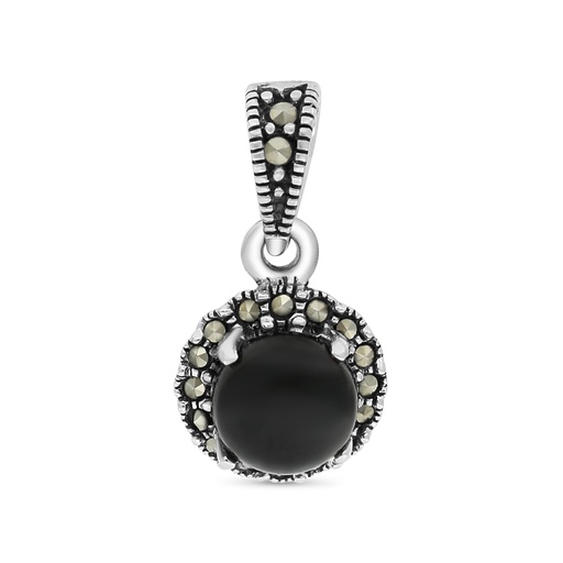[PND04MAR00ONXA573] Sterling Silver 925 Pendant Embedded With Natural Black Agate And Marcasite Stones