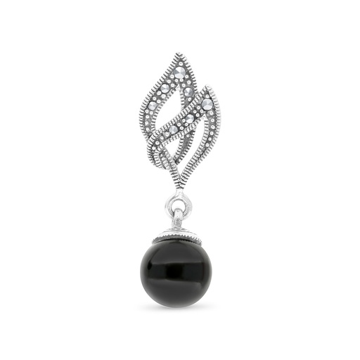 [PND04MAR00ONXA450] Sterling Silver 925 Pendant Embedded With Natural Black Agate And Marcasite Stones