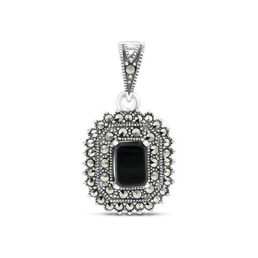 [PND04MAR00ONXA574] Sterling Silver 925 Pendant Embedded With Natural Black Agate And Marcasite Stones