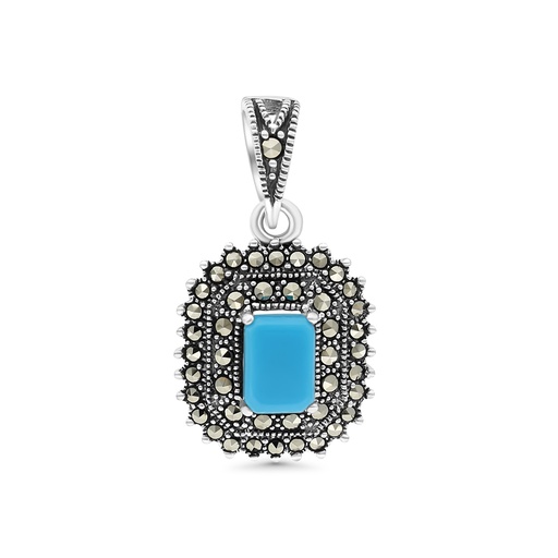 [PND04MAR00TRQA574] Sterling Silver 925 Pendant Embedded With Natural Processed Turquoise And Marcasite Stones