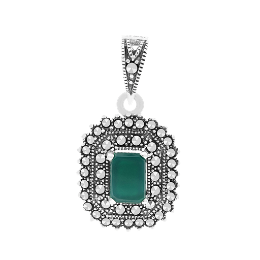 [PND04MAR00GAGA574] Sterling Silver 925 Pendant Embedded With Natural Green Agate And Marcasite Stones