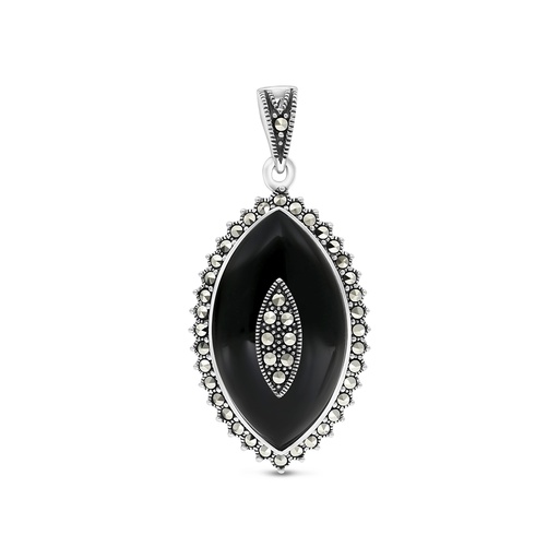 [PND04MAR00ONXA575] Sterling Silver 925 Pendant Embedded With Natural Black Agate And Marcasite Stones