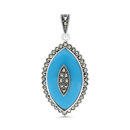 [PND04MAR00TRQA575] Sterling Silver 925 Pendant Embedded With Natural Processed Turquoise And Marcasite Stones
