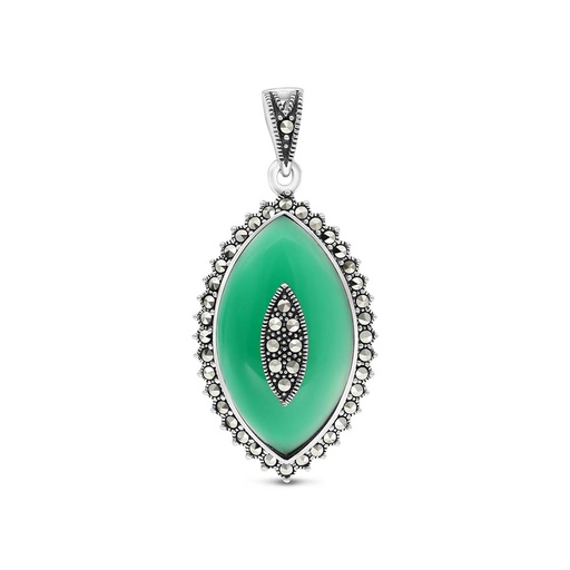 [PND04MAR00GAGA575] Sterling Silver 925 Pendant Embedded With Natural Green Agate And Marcasite Stones