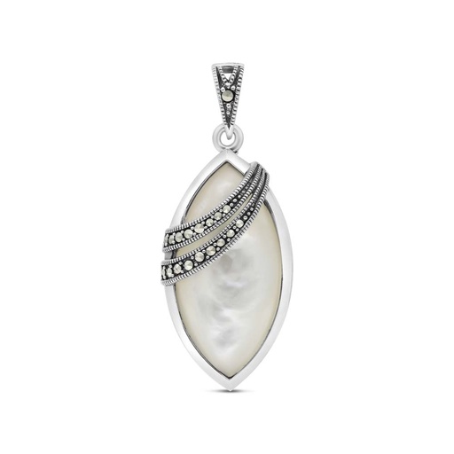 [PND04MAR00MOPA486] Sterling Silver 925 Pendant Embedded With Natural White Shell And Marcasite Stones