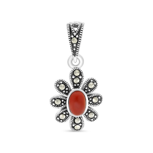 [PND04MAR00RAGA459] Sterling Silver 925 Pendant Embedded With Natural Aqiq And Marcasite Stones