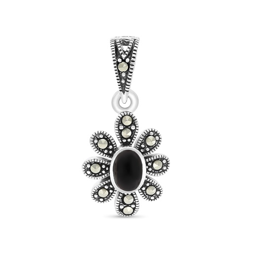 [PND04MAR00ONXA459] Sterling Silver 925 Pendant Embedded With Natural Black Agate And Marcasite Stones
