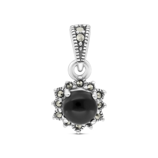 [PND04MAR00ONXA578] Sterling Silver 925 Pendant Embedded With Natural Black Agate And Marcasite Stones