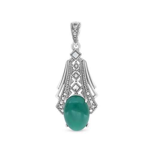 [PND04MAR00GAGA480] Sterling Silver 925 Pendant Embedded With Natural Green Agate And Marcasite Stones