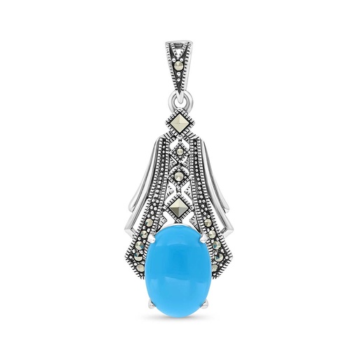 [PND04MAR00TRQA480] Sterling Silver 925 Pendant Embedded With Natural Processed Turquoise And Marcasite Stones