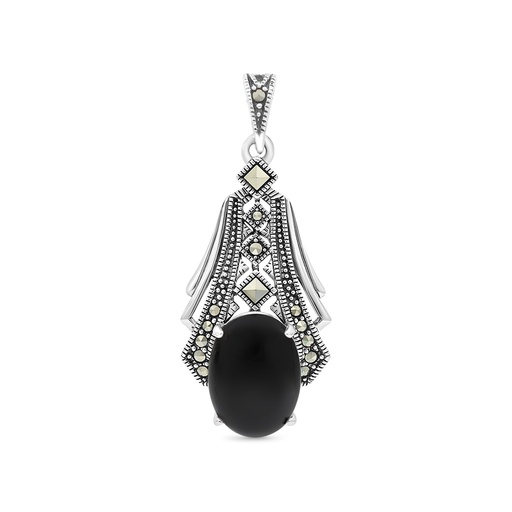 [PND04MAR00ONXA480] Sterling Silver 925 Pendant Embedded With Natural Black Agate And Marcasite Stones