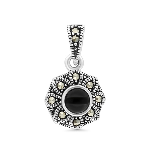 [PND04MAR00ONXA471] Sterling Silver 925 Pendant Embedded With Natural Black Agate And Marcasite Stones
