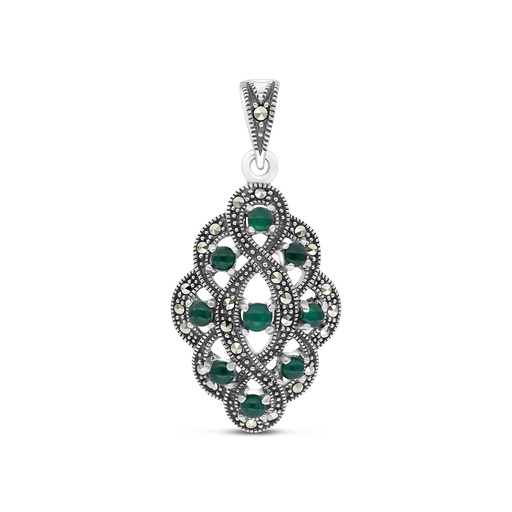 [PND04MAR00GAGA466] Sterling Silver 925 Pendant Embedded With Natural Green Agate And Marcasite Stones