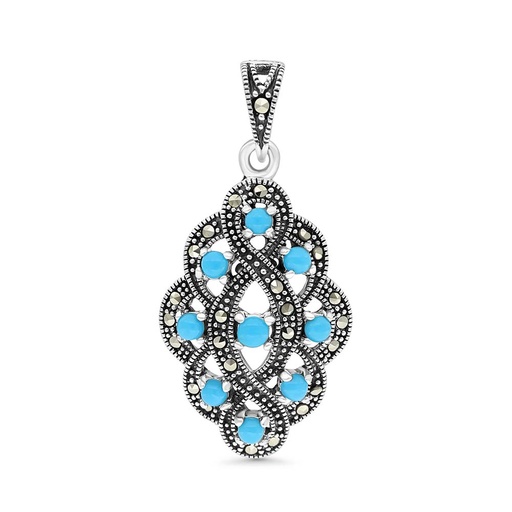 [PND04MAR00TRQA466] Sterling Silver 925 Pendant Embedded With Natural Processed Turquoise And Marcasite Stones