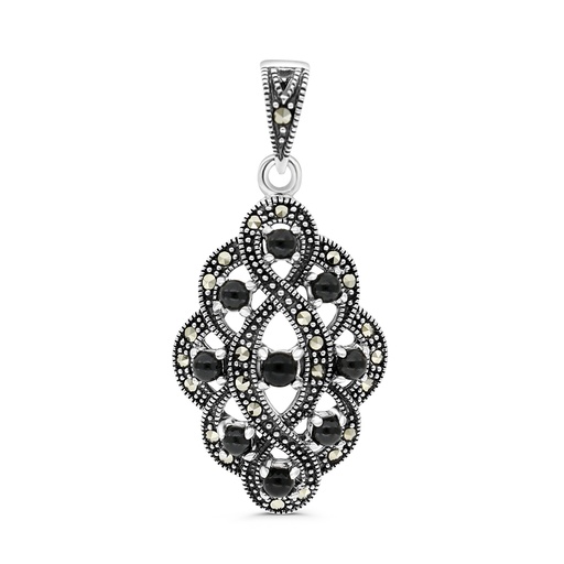 [PND04MAR00ONXA466] Sterling Silver 925 Pendant Embedded With Natural Black Agate And Marcasite Stones