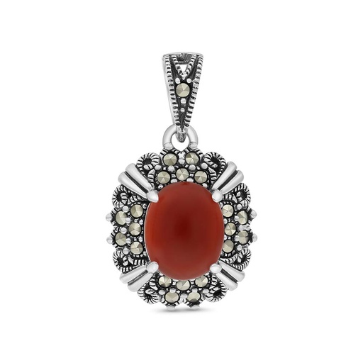 [PND04MAR00RAGA470] Sterling Silver 925 Pendant Embedded With Natural Aqiq And Marcasite Stones