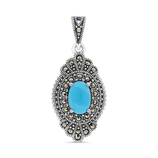[PND04MAR00TRQA579] Sterling Silver 925 Pendant Embedded With Natural Processed Turquoise And Marcasite Stones