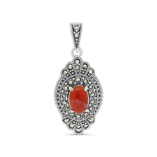 [PND04MAR00RAGA579] Sterling Silver 925 Pendant Embedded With Natural Aqiq And Marcasite Stones