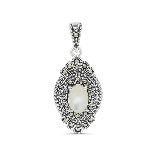 [PND04MAR00MOPA579] Sterling Silver 925 Pendant Embedded With Natural White Shell And Marcasite Stones