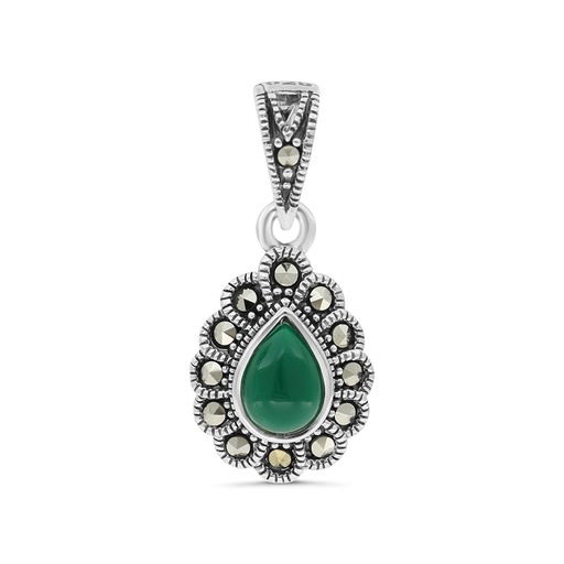 [PND04MAR00GAGA484] Sterling Silver 925 Pendant Embedded With Natural Green Agate And Marcasite Stones