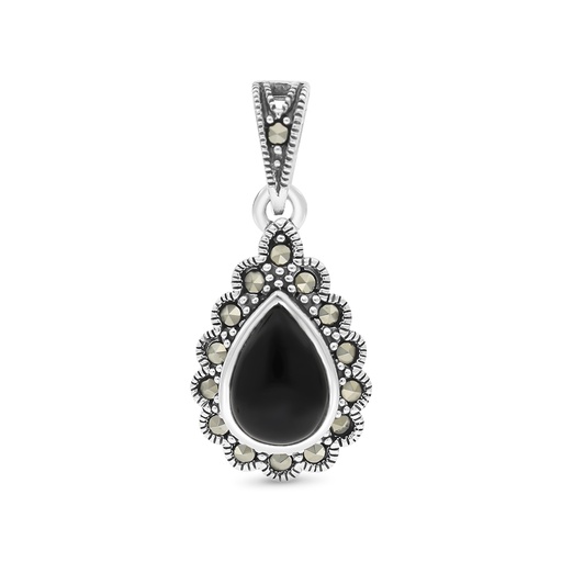 [PND04MAR00ONXA580] Sterling Silver 925 Pendant Embedded With Natural Black Agate And Marcasite Stones