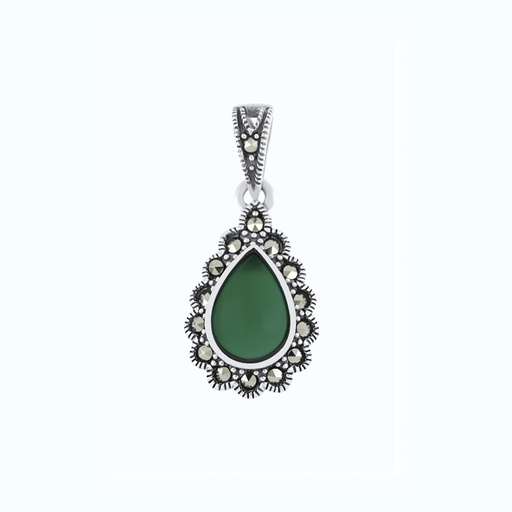 [PND04MAR00GAGA580] Sterling Silver 925 Pendant Embedded With Natural Green Agate And Marcasite Stones