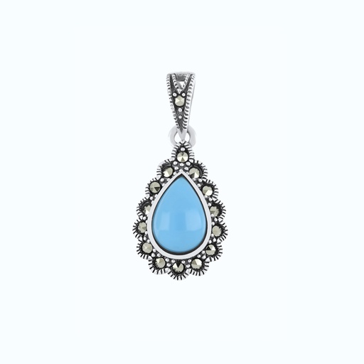 [PND04MAR00TRQA580] Sterling Silver 925 Pendant Embedded With Natural Processed Turquoise And Marcasite Stones