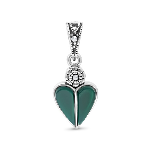 [PND04MAR00GAGA492] Sterling Silver 925 Pendant Embedded With Natural Green Agate And Marcasite Stones