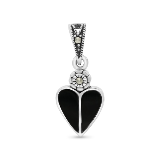 [PND04MAR00ONXA492] Sterling Silver 925 Pendant Embedded With Natural Black Agate And Marcasite Stones