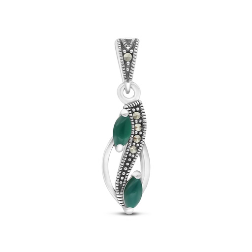 [PND04MAR00GAGA494] Sterling Silver 925 Pendant Embedded With Natural Green Agate And Marcasite Stones