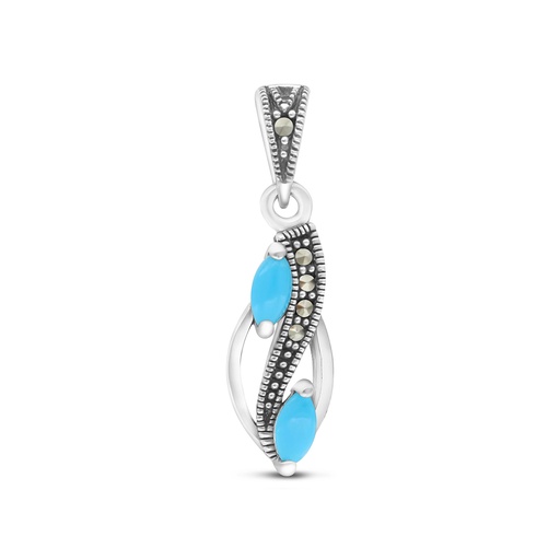 [PND04MAR00TRQA494] Sterling Silver 925 Pendant Embedded With Natural Processed Turquoise And Marcasite Stones