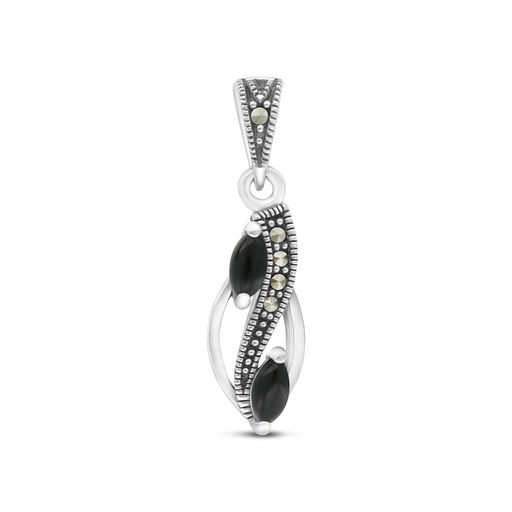 [PND04MAR00ONXA494] Sterling Silver 925 Pendant Embedded With Natural Black Agate And Marcasite Stones
