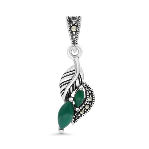 [PND04MAR00GAGA495] Sterling Silver 925 Pendant Embedded With Natural Green Agate And Marcasite Stones
